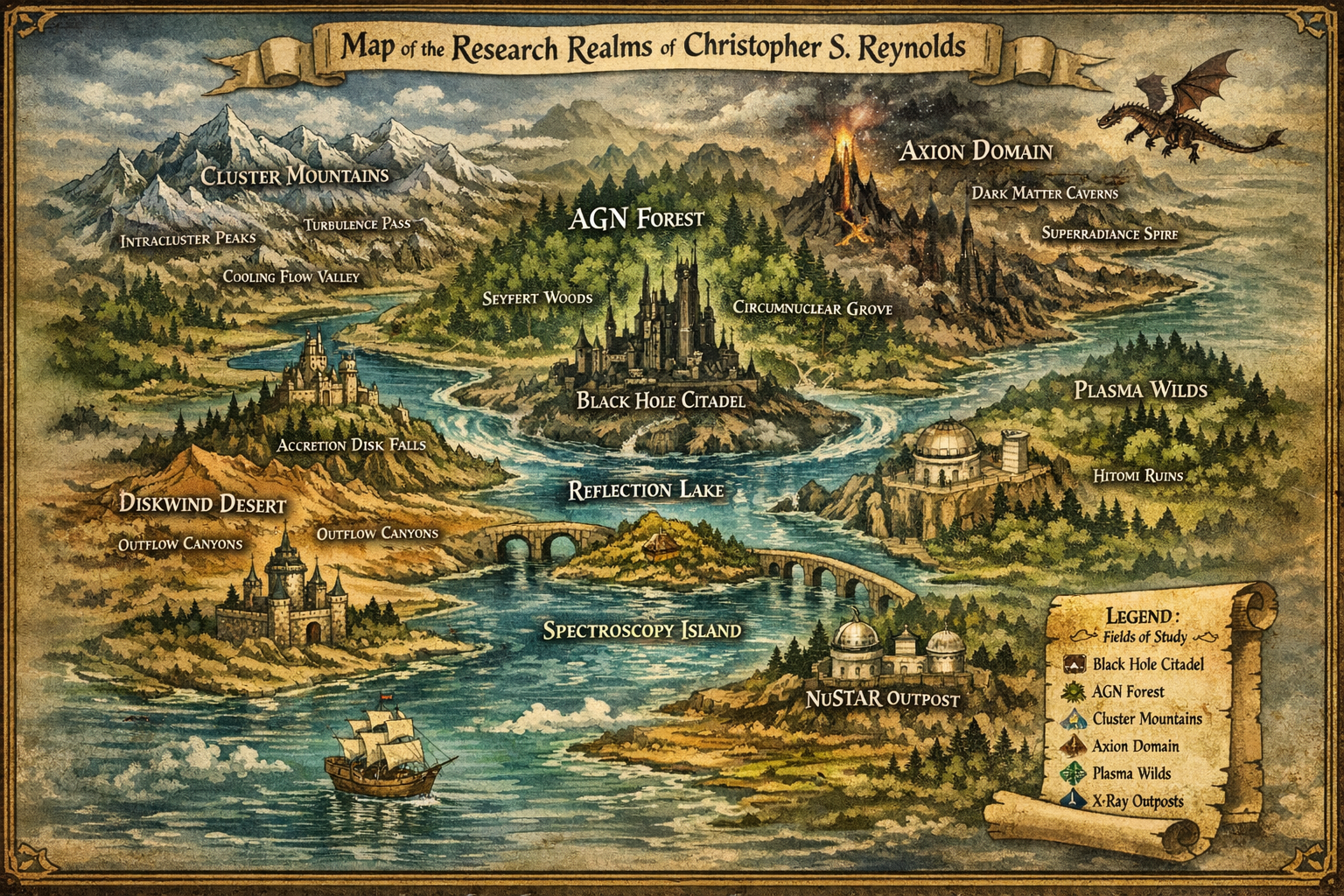 Research landscape for Chris Reynolds in the style of a fantasy map